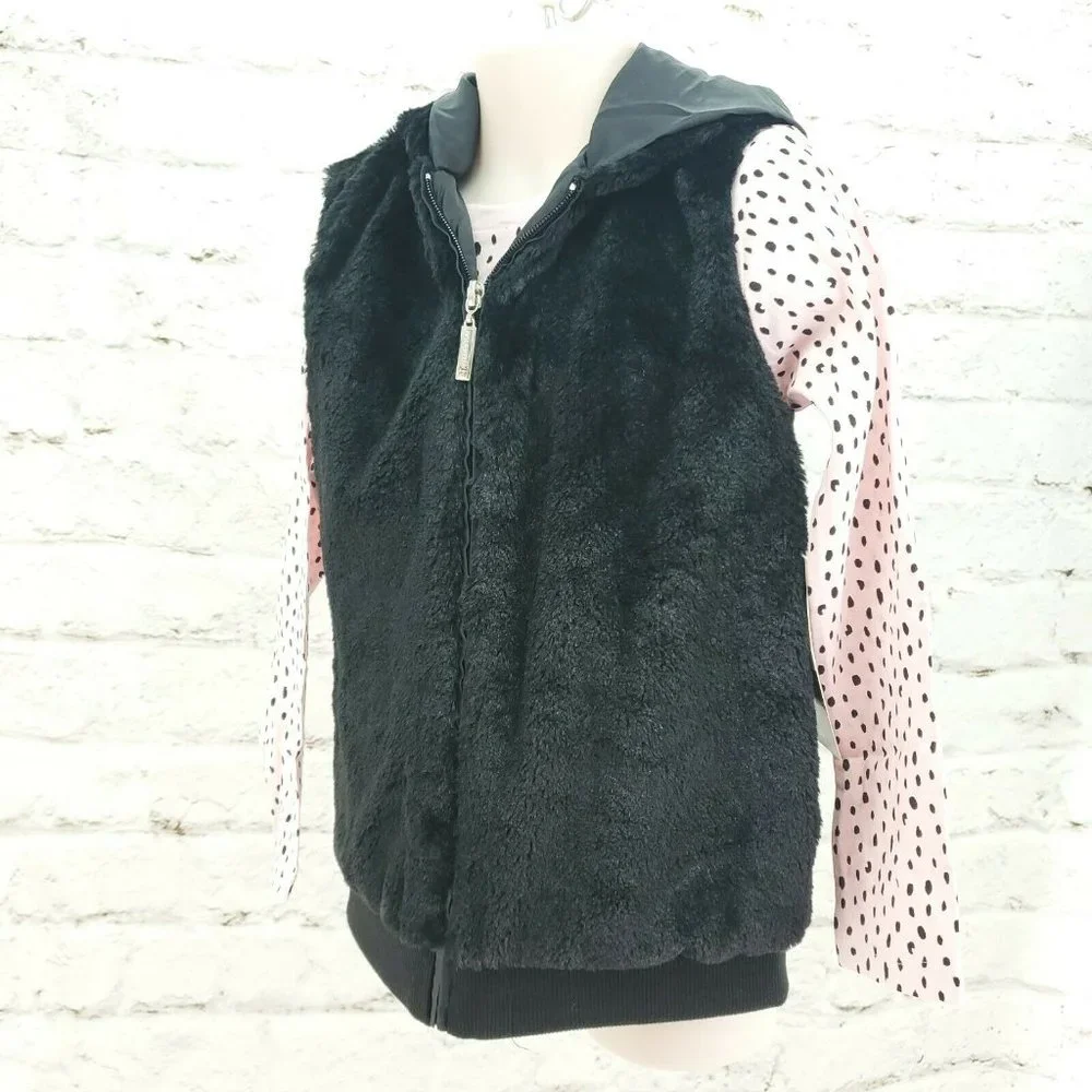 Limited Too Girls Two Piece Black Pale Pink Shirt With Faux Fur Hooded Vest Sz 6